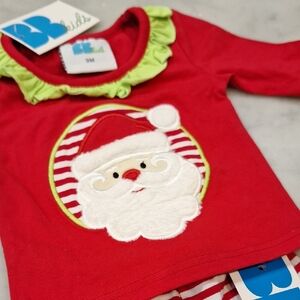 New BB Kids Red Santa Christmas Outfit 2‎ Pc Green Trim Striped Pants Sz 3M Elf